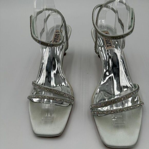Badgley Mischka Silver Satin Rhinestone Bridal Strappy Wedding Kitten Heels Sz 9 - Picture 3 of 7